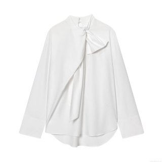 Women's Elegant Poplin Long Sleeve Shirt With Oversized Bow Tie Neck White Loose Casual Fashion Blouse Top For Office Lady Party Wear