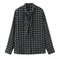 Women's Casual Plaid Tie Neck Blouse Shirt Loose Fit Polyester Blend Long Sleeve Single Breasted Top for Office Daily Wear