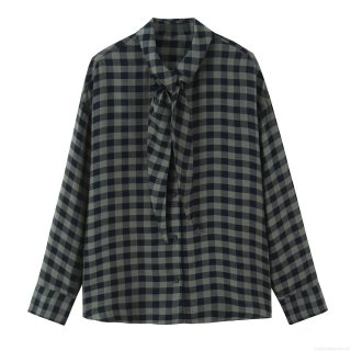 Women's Casual Plaid Tie Neck Blouse Shirt Loose Fit Polyester Blend Long Sleeve Single Breasted Top for Office Daily Wear