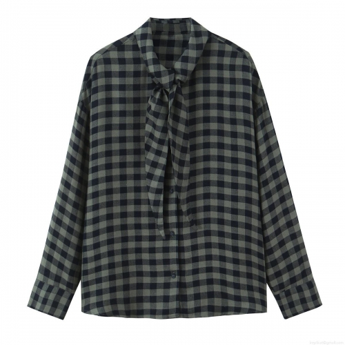 Women's Casual Plaid Tie Neck Blouse Shirt Loose Fit Polyester Blend Long Sleeve Single Breasted Top for Office Daily Wear