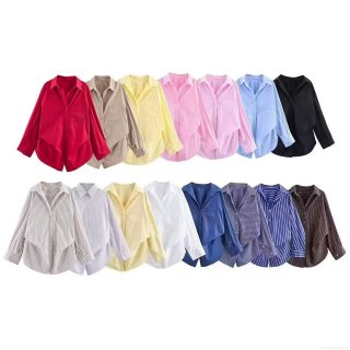 Women's Long Sleeve Poplin Shirt Casual Loose Fit Button Down Blouse Office Daily Wear Polyester Spandex Lightweight Elegant Striped Solid Top