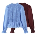 Women Sweet Smocked Blouse Polyester Striped Ruffle Collar Lantern Sleeve Shirt Retro Elegant Pullover Top For Daily Dating Ladies Fashion