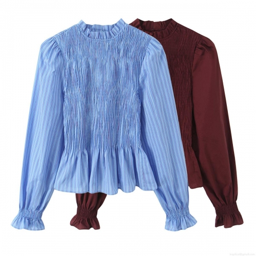 Women Sweet Smocked Blouse Polyester Striped Ruffle Collar Lantern Sleeve Shirt Retro Elegant Pullover Top For Daily Dating Ladies Fashion