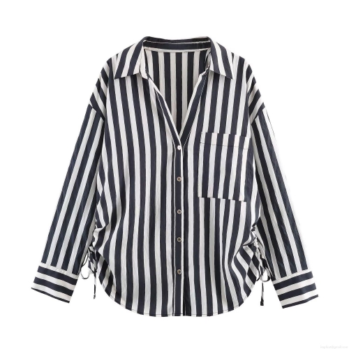 Women Vertical Striped Long Sleeve Button Down Blouse Side Drawstring Lapel Shirt Casual Loose Commuter Tops Office Wear Fashion Outfits