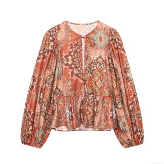 Women Bohemian Paisley Print Long Sleeve Blouse Top With Tie Neck Ruffle Hem Loose Fit Polyester Casual Tunic Shirt For Travel Daily Vacation