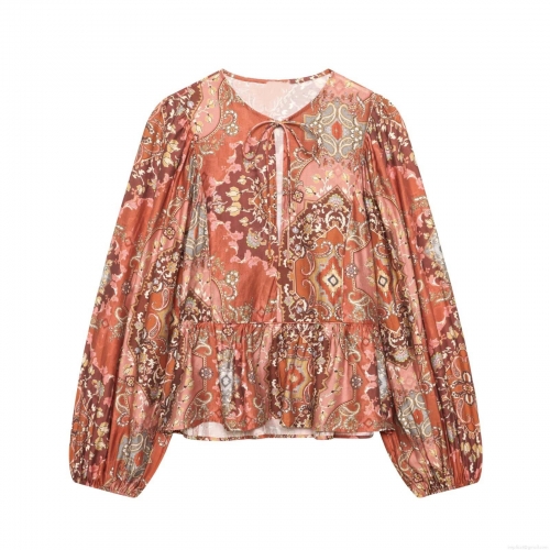 Women Bohemian Paisley Print Long Sleeve Blouse Top With Tie Neck Ruffle Hem Loose Fit Polyester Casual Tunic Shirt For Travel Daily Vacation