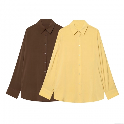 Women's Cupro Cotton Long Sleeve Blouse Elegant Solid Color Single Breasted Loose Fit Satin Texture Shirt For Office Work Casual Daily Wear Minimalist Fashion Top