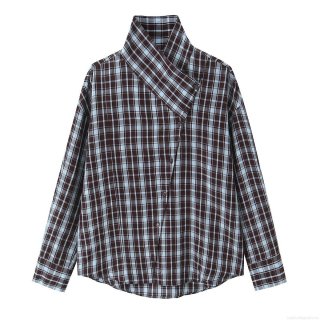 Women's Casual Plaid Blouse Asymmetric High Neck Long Sleeve Loose Fit Polyester Spandex Checked Shirt Tops For Daily Office Winter Autumn