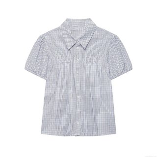 Women's Plaid Puff Short Sleeve Blouse Gingham Ruched Smocked Top Button Down Lapel Collar Casual Commuter Shirt Polyester Spandex Blend Summer Clothing