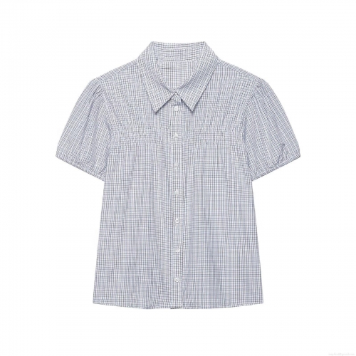 Women's Plaid Puff Short Sleeve Blouse Gingham Ruched Smocked Top Button Down Lapel Collar Casual Commuter Shirt Polyester Spandex Blend Summer Clothing