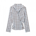 Women's Plaid Wrap Blouse Long Sleeve V-Neck Asymmetrical Button Waist Detail Polyester Spandex Blend Daily Casual Office Fashion Sweet Top For Women