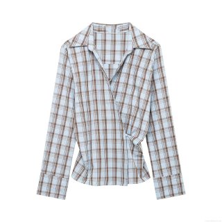 Women's Plaid Wrap Blouse Long Sleeve V-Neck Asymmetrical Button Waist Detail Polyester Spandex Blend Daily Casual Office Fashion Sweet Top For Women