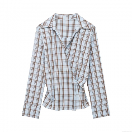 Women's Plaid Wrap Blouse Long Sleeve V-Neck Asymmetrical Button Waist Detail Polyester Spandex Blend Daily Casual Office Fashion Sweet Top For Women