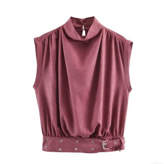 Women's Elegant Faux Suede Sleeveless High Neck Top Dusty Rose Carmine Blouse With Buckle Belted Waist Retro Casual Party Shirt For Women