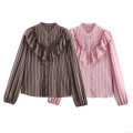 Women's Elegant Striped Ruffle Blouse Long Sleeve Stand Collar Polyester Spandex Patchwork Shirt Casual Office Commuting Top
