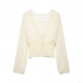 Women's Elegant V Neck Long Sleeve Blouse Lace Patchwork Smocked Waist Ruffle Hem Shirt Top Milky White Casual Soft Polyester Blouse For Ladies