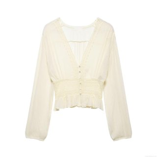 Women's Elegant V Neck Long Sleeve Blouse Lace Patchwork Smocked Waist Ruffle Hem Shirt Top Milky White Casual Soft Polyester Blouse For Ladies