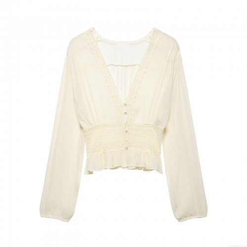 Women's Elegant V Neck Long Sleeve Blouse Lace Patchwork Smocked Waist Ruffle Hem Shirt Top Milky White Casual Soft Polyester Blouse For Ladies