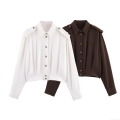 Women's Long Sleeve Crop Shirt With Epaulette Detail Solid Color Lapel Button Down Polyester Blouse For Spring Autumn Casual Daily Wear