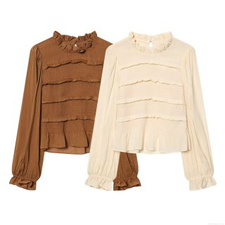 Women's Combed Cotton Smocked Blouse Elegant Frill Neck Long Sleeve Top Ruffle Lotus Leaf Lantern Sleeve Casual Sweet Shirt For Spring Autumn