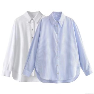 Women's Casual Loose Linen Blend Long Sleeve Button Up Shirt Striped Solid Color Polo Neck Blouse For Daily Office Wear