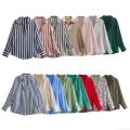 Women's Casual Satin Silk Like Shirt Long Sleeve Button Down Blouse Elegant Office Work Tops Striped Solid Color Loose Fit Lapel Shirts