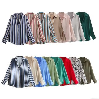 Women's Casual Satin Silk Like Shirt Long Sleeve Button Down Blouse Elegant Office Work Tops Striped Solid Color Loose Fit Lapel Shirts