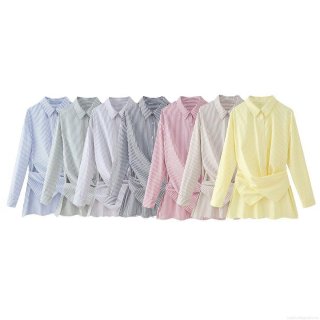 Women's Striped Long Sleeve Shirt Polyester Blend Casual Loose Blouse With Waist Tie Front Knot Design Fashionable Lapel Button Down Top For Ladies Daily Wear