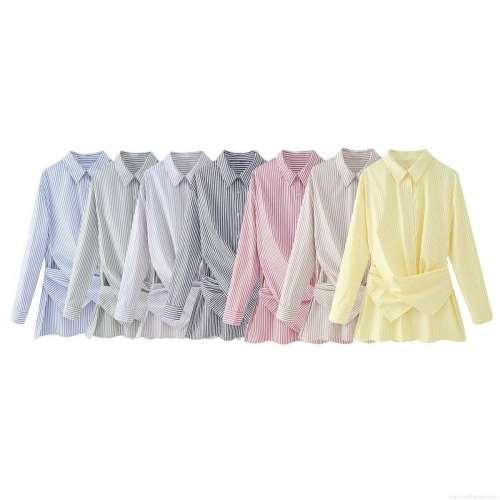 Women's Striped Long Sleeve Shirt Polyester Blend Casual Loose Blouse With Waist Tie Front Knot Design Fashionable Lapel Button Down Top For Ladies Daily Wear