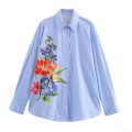 Women Fashion Floral Print Vertical Stripe Blouse Casual Long Sleeve Button Down Shirt Loose Fit Lapel Poplin Top