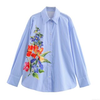 Women Fashion Floral Print Vertical Stripe Blouse Casual Long Sleeve Button Down Shirt Loose Fit Lapel Poplin Top
