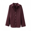 Women Fashion Loose Cotton Blend Shirt Back Pleated Long Sleeve Solid Color Lapel Button Down Blouse For Casual Office Chic Tops