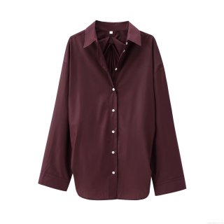 Women Fashion Loose Cotton Blend Shirt Back Pleated Long Sleeve Solid Color Lapel Button Down Blouse For Casual Office Chic Tops