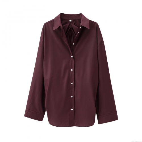 Women Fashion Loose Cotton Blend Shirt Back Pleated Long Sleeve Solid Color Lapel Button Down Blouse For Casual Office Chic Tops