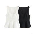 Women's Square Neck Peplum Top Sleeveless Polyester Spandex Slim Fit Ruffle Hem Tank Top For Casual Daily Wear Elegant Style