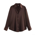 Women's Elegant Satin Button Down Blouse Long Sleeve Lapel Collar Shirt Fashion Office Commute Casual Silk-like Tops With Gold Hammered Buttons