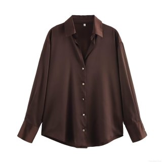 Women's Elegant Satin Button Down Blouse Long Sleeve Lapel Collar Shirt Fashion Office Commute Casual Silk-like Tops With Gold Hammered Buttons