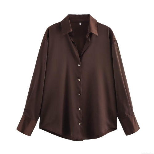 Women's Elegant Satin Button Down Blouse Long Sleeve Lapel Collar Shirt Fashion Office Commute Casual Silk-like Tops With Gold Hammered Buttons