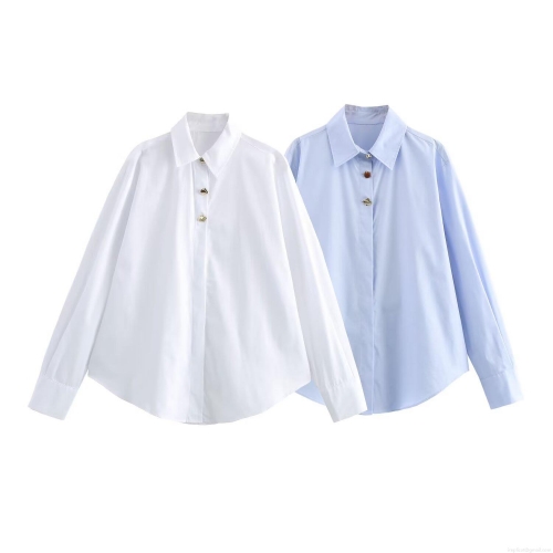 Women's Casual Long Sleeve Lapel Poplin Shirt With Decorative Irregular Buttons Simple Fashion Loose Blouse For Daily Office Spring Autumn