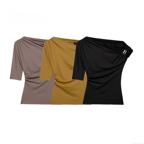 Women's Sexy One Shoulder Asymmetric Top Long Sleeve Side Ruched Blouse With Metal Buckle Solid Color Slim Fit Fashion Shirt For Women Party Club Night Out