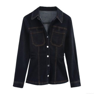 Women Slim Fit Denim Shirt Lapel Collar Long Sleeve Button Down Jean Blouse With Contrast Stitching Elegant Casual Office Lady Denim Top