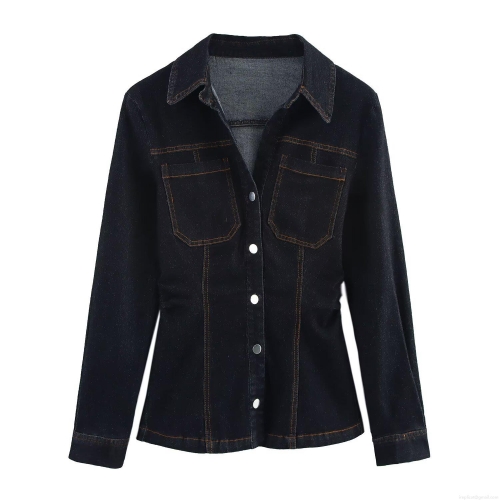 Women Slim Fit Denim Shirt Lapel Collar Long Sleeve Button Down Jean Blouse With Contrast Stitching Elegant Casual Office Lady Denim Top