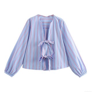 Women's Casual Bow Tie Striped Poplin Blouse V-Neck Long Sleeve Loose Shirt Tops With Ribbon Self-Tie Front For Daily Office Wear