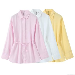 Women's Casual Linen Blend Long Sleeve Shirt Lace-up Tie Waist Loose Fit Blouse Solid Color Turn-down Collar Mid-length Top For Summer Fashion