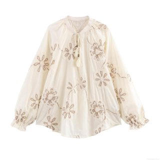 Women's Elegant Floral Embroidery Blouse Lantern Sleeve Tassel Tie Neck Hollow Out Polyester Spandex Pullover Shirt Bohemian Top