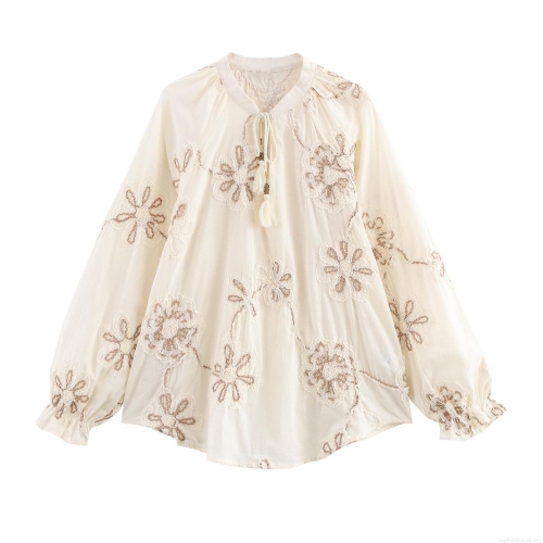 Women's Elegant Floral Embroidery Blouse Lantern Sleeve Tassel Tie Neck Hollow Out Polyester Spandex Pullover Shirt Bohemian Top
