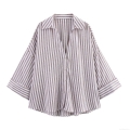 Women's Striped Linen Blend Shirt Casual V-Neck Button Down 3/4 Wide Sleeve Loose Blouse For Daily Office Wear Light Brown Spring Summer Top