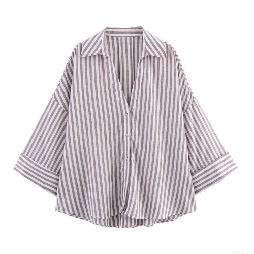 Women's Striped Linen Blend Shirt Casual V-Neck Button Down 3/4 Wide Sleeve Loose Blouse For Daily Office Wear Light Brown Spring Summer Top