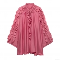 Women's Elegant Rose Red Ruffle Stand Collar Blouse Vintage Court Style Long Sleeve Tie Neck Silk Like Polyester Shirt Top For Daily Commute Festive Party