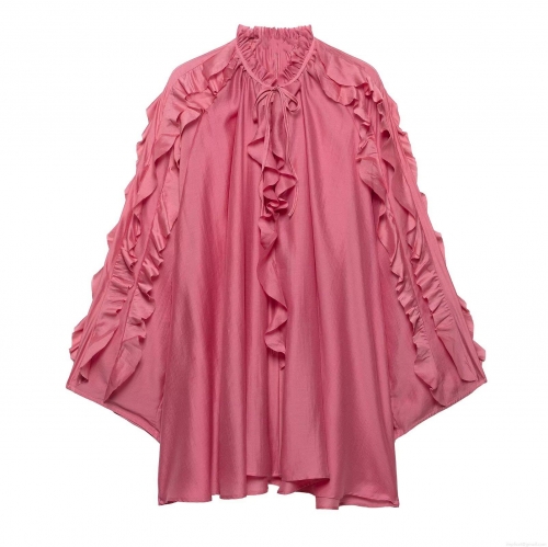 Women's Elegant Rose Red Ruffle Stand Collar Blouse Vintage Court Style Long Sleeve Tie Neck Silk Like Polyester Shirt Top For Daily Commute Festive Party